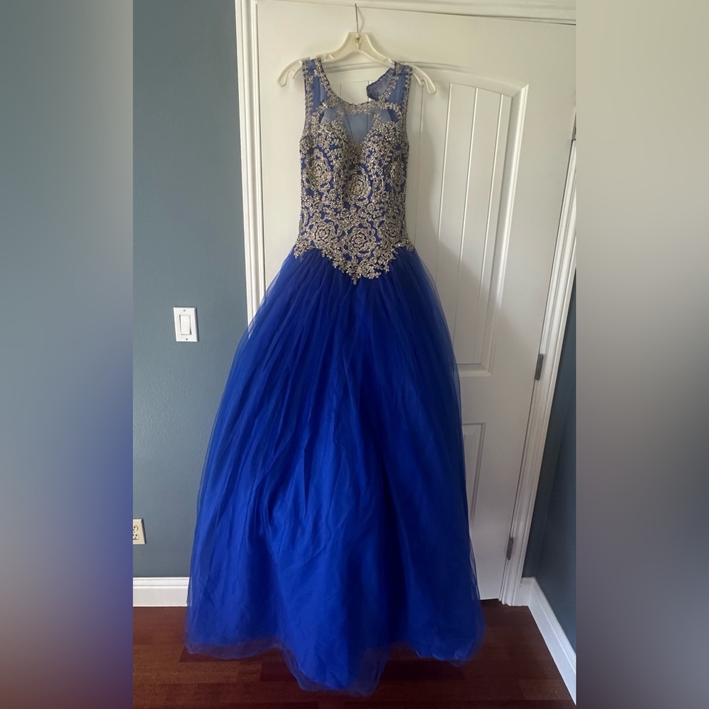 Dark Blue Princess Ballgown XS Rose Gold Appliqué Tulle Corset Prom Dress